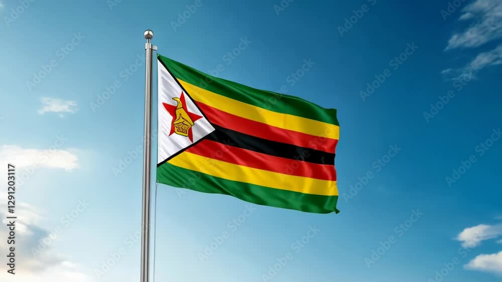 national flag of Zimbabwe waving on blue sky, banner on the wind