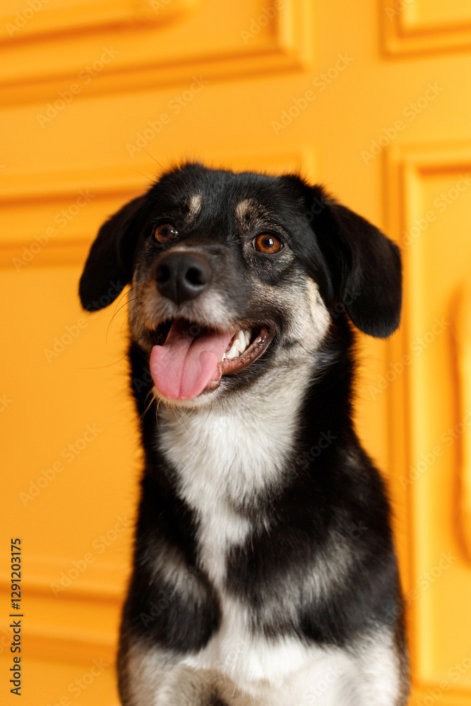 portrait of a cute and funny small black dog with brown eyes in the orange living room interior at sunny day portrait of a cute and funny small black dog with brown eyes in the orange living room interior at sunny day