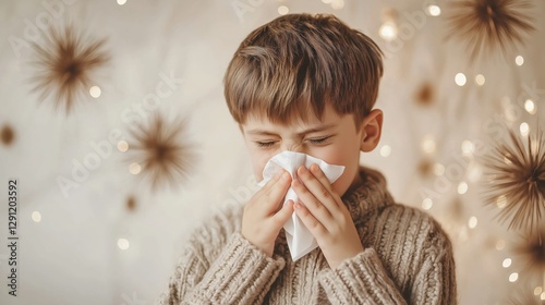 Sick boy sneezing into tissue with holiday lights