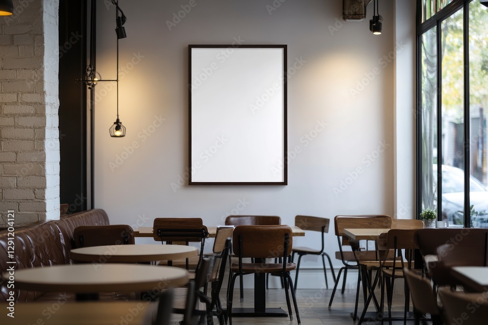 Fototapeta premium mockup of an empty, blank poster frame on the wall in an urban coffee shop, with white walls, black trim, and brown leather seating.
