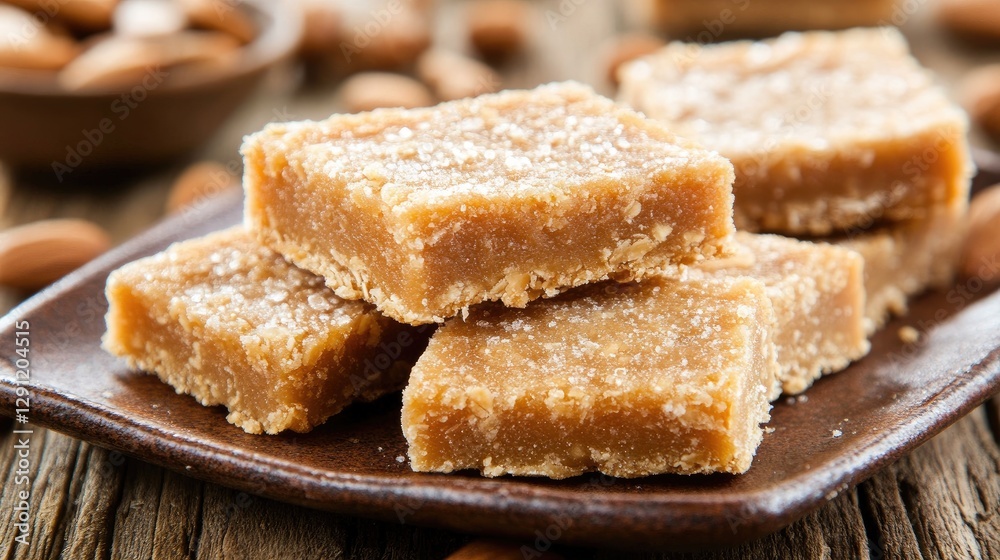Almond squares dessert on rustic wood. Sweet treat, food photography Almond squares dessert on rustic wood. Sweet treat, food photography