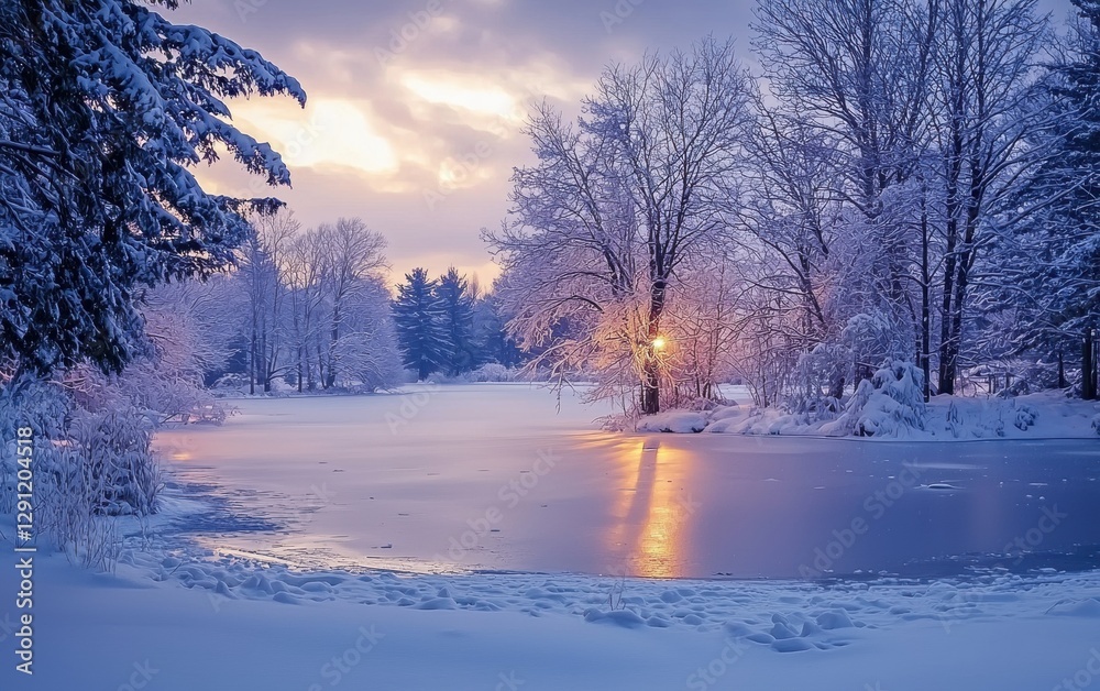 Enchanting winter wonderland with snow-covered trees and a frozen lake