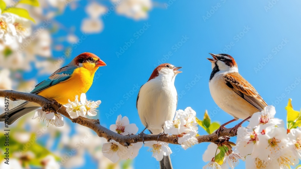 Fototapeta premium Colorful birds perched on branches singing joyfully amid blossoming flowers in a bright spring sky