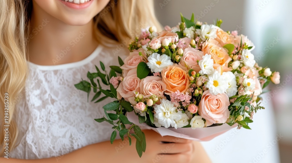 Naklejka premium Daughter joyfully presents a bouquet of flowers during a special family gathering at home in a bright and cheerful atmosphere