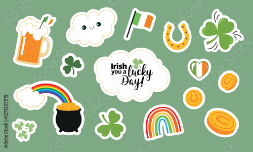 A cheerful St. Patrick’s Day design with green shamrocks, rainbows, a beer mug, gold coins, and the Irish flag on a green background, wishing luck.