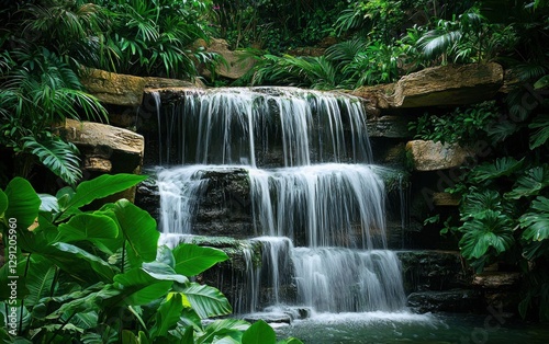 Hidden tropical waterfall with lush green surroundings