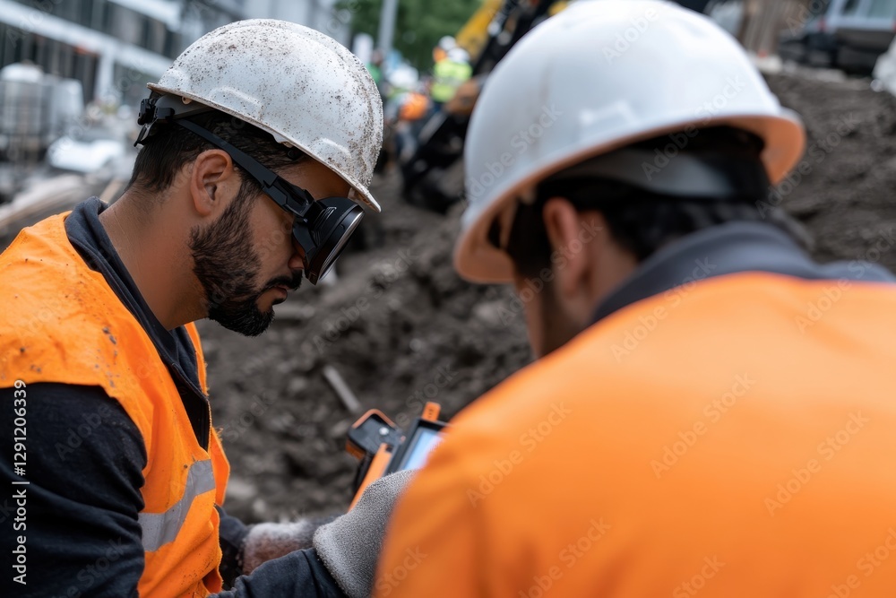 Two construction workers wear helmets and goggles while collaborating on a job site, illustrating teamwork and safety in the building industry amidst dirt and machinery. Two construction workers wear helmets and goggles while collaborating on a job site, illustrating teamwork and safety in the building industry amidst dirt and machinery.
