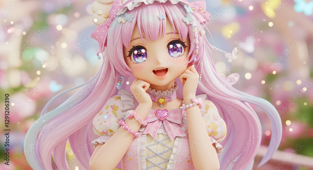 Fototapeta premium Anime Girl Smiling in Pastel Colors with Hearts and Butterfly Accents