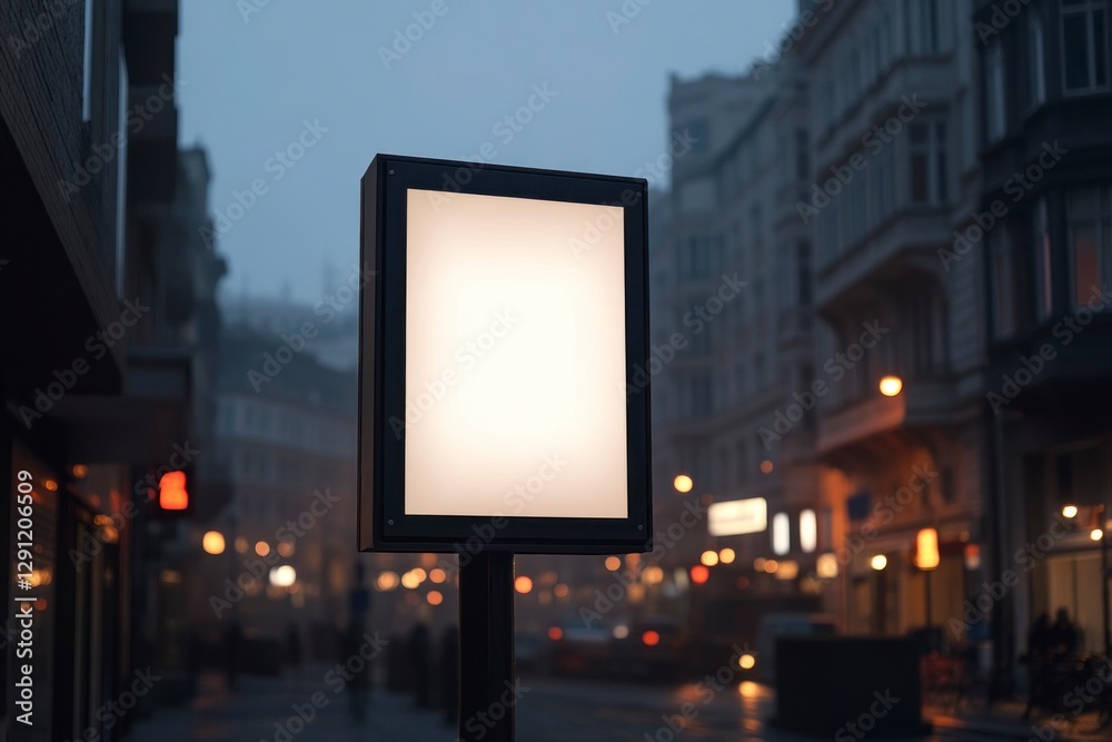 Blank white poster mockup on a street in the city, an empty vertical billboard for advertising in the evening, a blank banner template, a close-up of a blank black frame on a square Blank white poster mockup on a street in the city, an empty vertical billboard for advertising in the evening, a blank banner template, a close-up of a blank black frame on a square