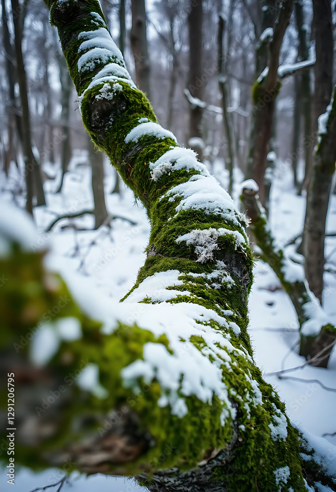 Fototapeta premium Snow Covered Branch with Green Moss Overlooking Winter Forest Scenery