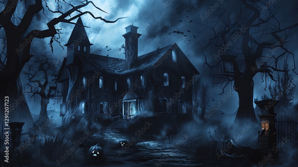 Fototapeta premium Eerie Haunted House Horror Scene Background with Spooky Atmosphere, Creepy Victorian Mansion, Ghostly Shadows, and Halloween Decoration for Dark Fantasy Design
