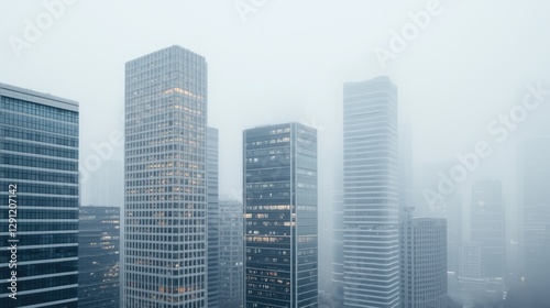 Foggy city skyline, skyscrapers, urban landscape, morning mist