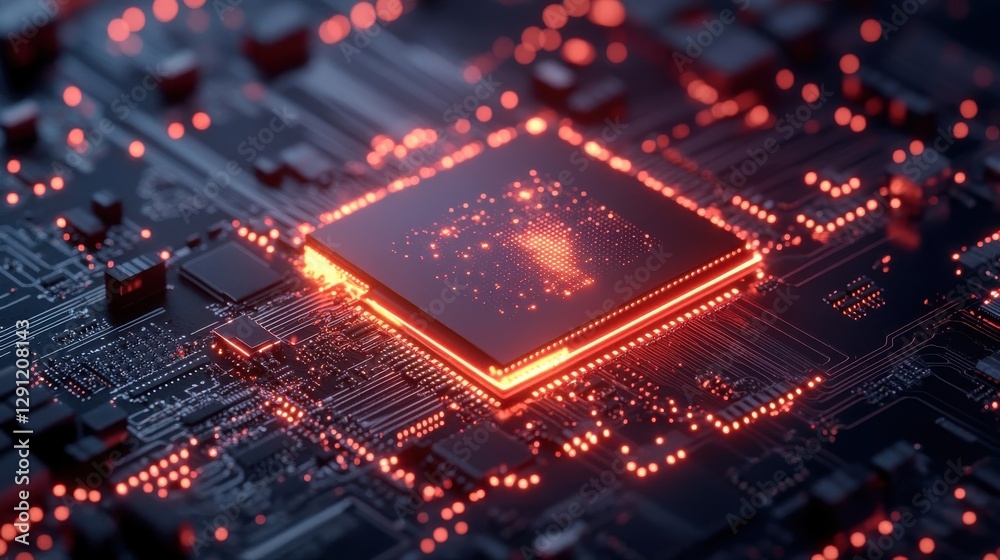 A glowing red computer processor on a dark circuit board A glowing red computer processor on a dark circuit board