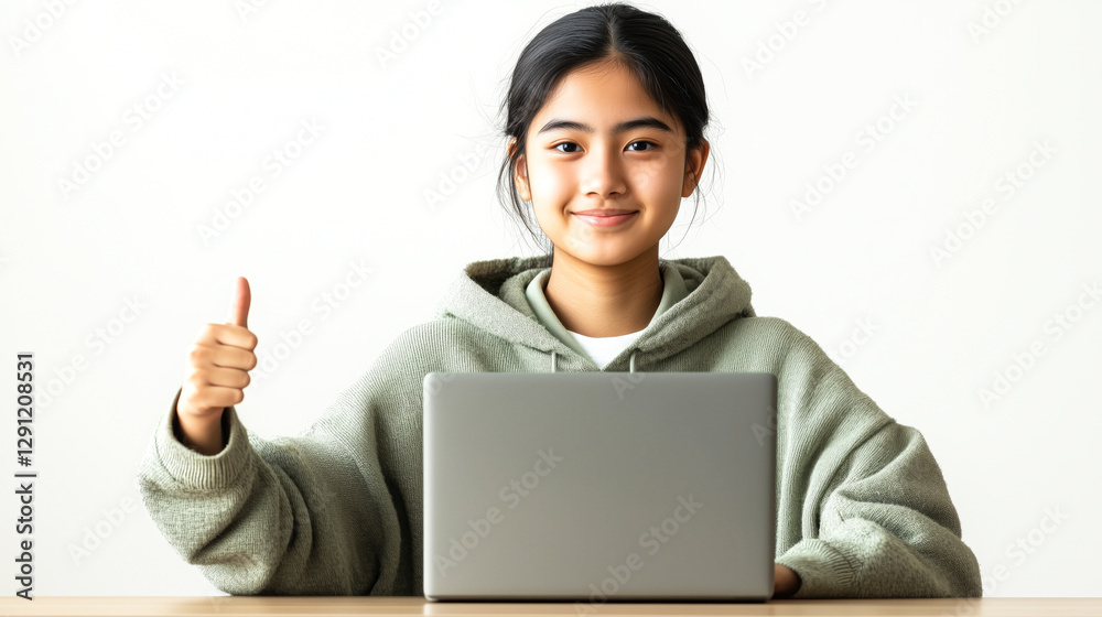 Confident Young Man Working on Laptop, Showing a Thumbs-Up Sign Confident Young Man Working on Laptop, Showing a Thumbs-Up Sign