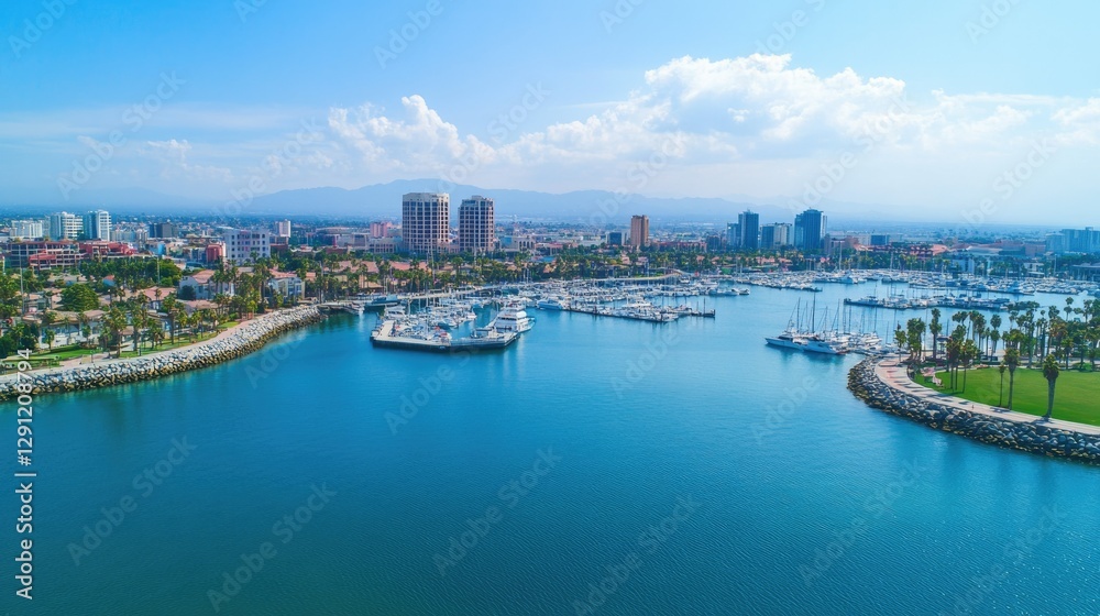 Obraz premium Aerial Panorama of Long Beach City: Scenic Harbor View with Urban Skyline and Architectural Wonders