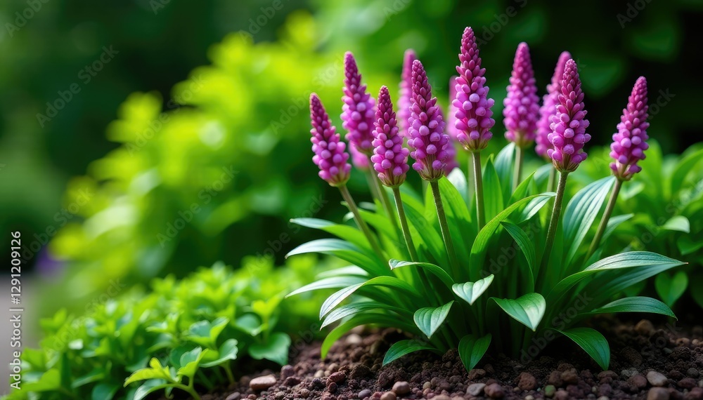 Liriope plant in a garden bed with other plants, foliage, green, companion planting