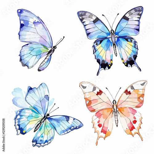 Butterfly collection. Watercolor illustration. Colorful butterflies clipart set. Baby shower design elements. Party invitation, birthday celebration. Spring, summer decor	