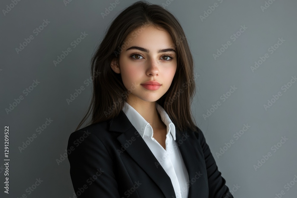 Confident Young Woman: Professional Portrait of a White Female Lawyer in Stylish Attire against a Grey Background Confident Young Woman: Professional Portrait of a White Female Lawyer in Stylish Attire against a Grey Background