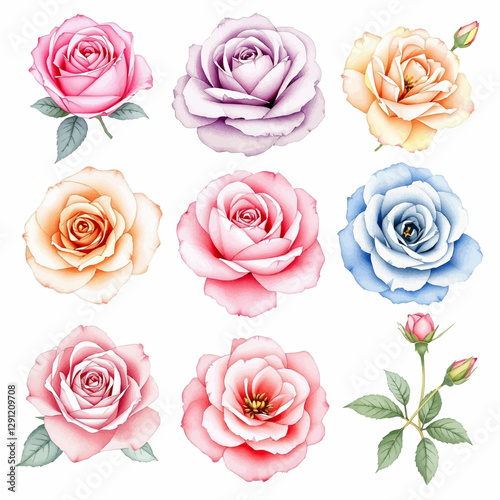 Watercolor Flowers rose set, hand-painted colorful flowers realistic for creative project, decor and design	