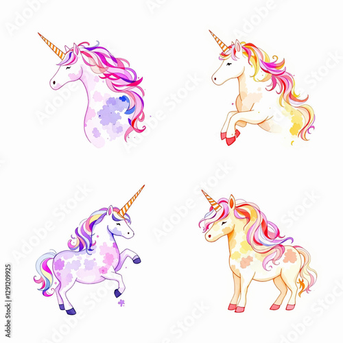 Set watercolor unicorns in pink and purple colors.	
