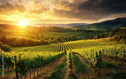 Wallpaper Mural Peaceful vineyard overlooking rolling hills under a golden sunset Torontodigital.ca
