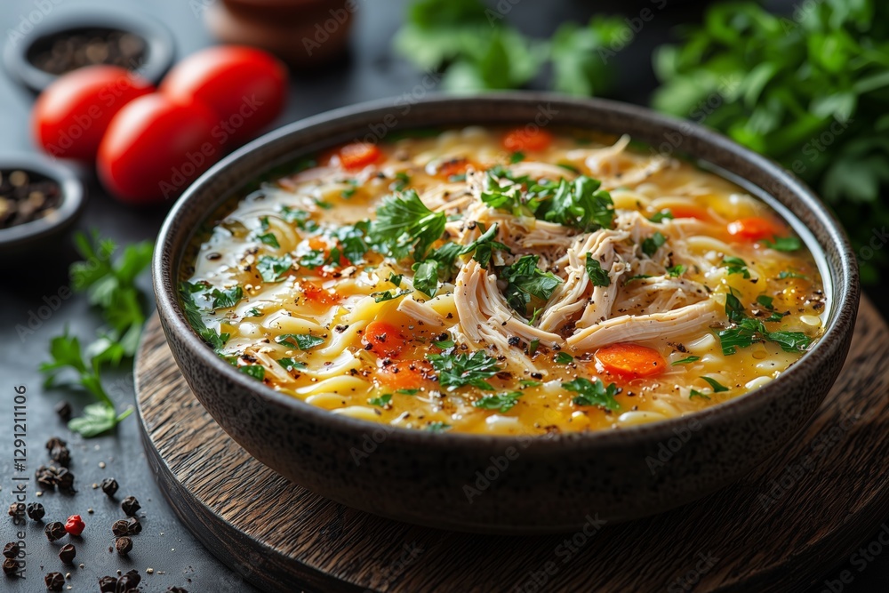 A bowl of comforting homemade chicken noodle soup with tender shredded chicken, fresh vegetables, and egg noodles A bowl of comforting homemade chicken noodle soup with tender shredded chicken, fresh vegetables, and egg noodles