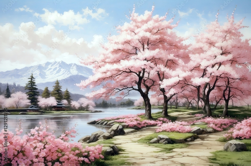 Beautiful spring landscape with cherry blossom trees and mountain backdrop in a serene park setting Beautiful spring landscape with cherry blossom trees and mountain backdrop in a serene park setting