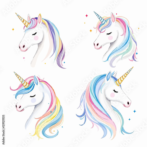 Set watercolor unicorns in pink and purple colors.	