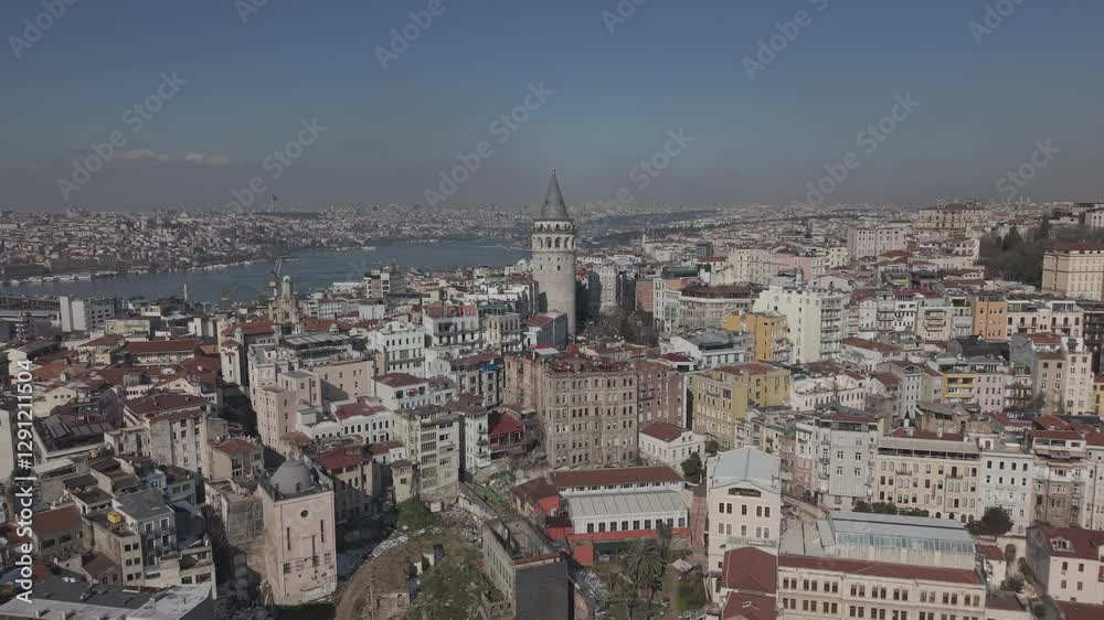 Galata Tower in Istanbul, view from the sea, drone shot Galata Tower in Istanbul, view from the sea, drone shot