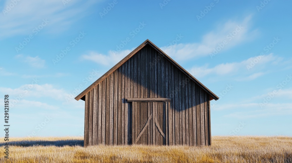 Fototapeta premium Rustic Wooden Barn in Dry Grass Field Under Blue Sky