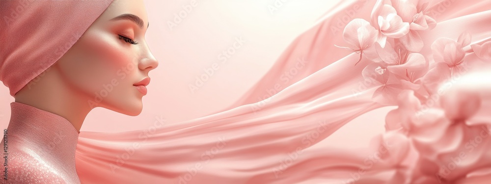 Naklejka premium Elegant Portrait of a Woman with Soft Pink Drapery and Floral Accents Emphasizing Beauty