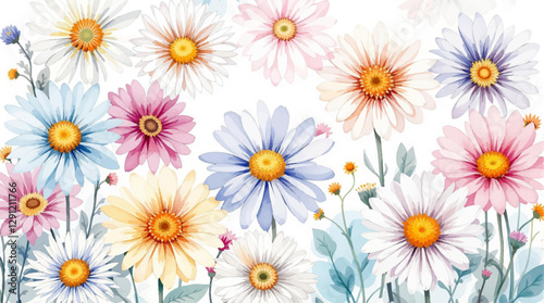 Abstract watercolor background with chamomile flowers