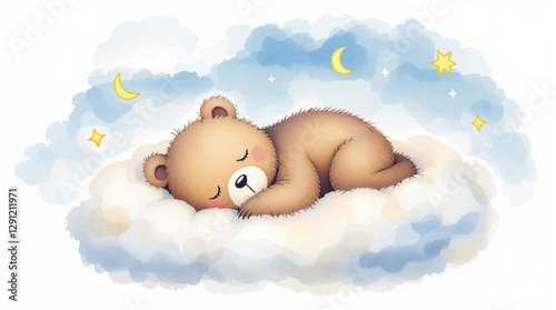 Cute teddy bear sleeps on a cloud, watercolor on a white isolated background
