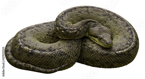 Green Anaconda Coiled Isolated on White Background in Detailed Studio Shot