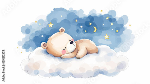 Cute teddy bear sleeps on a cloud, watercolor on a white isolated background