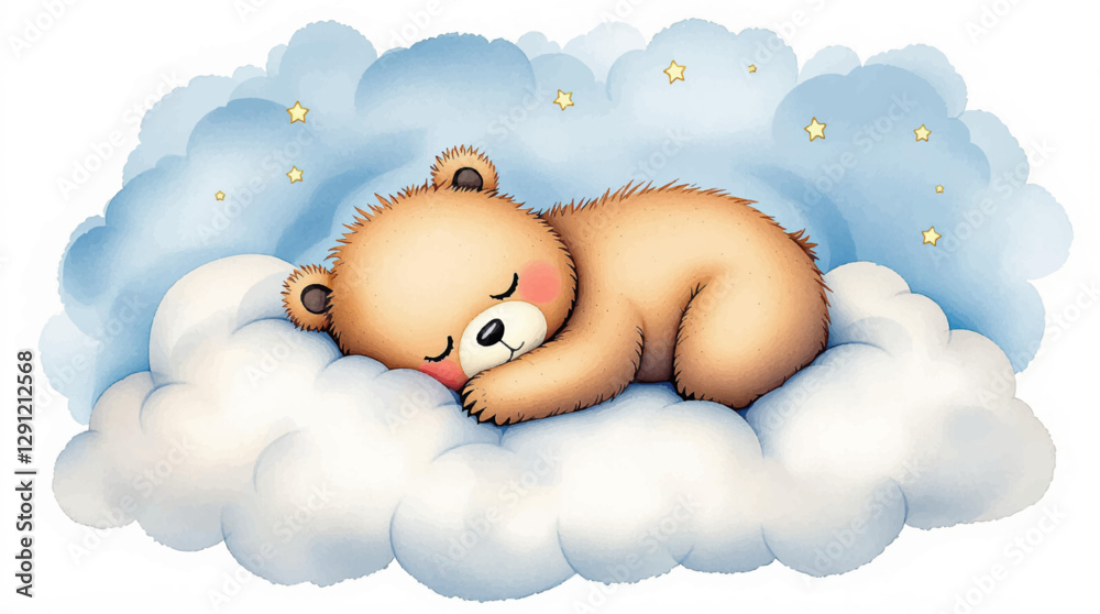 Cute teddy bear sleeps on a cloud, watercolor on a white isolated background	