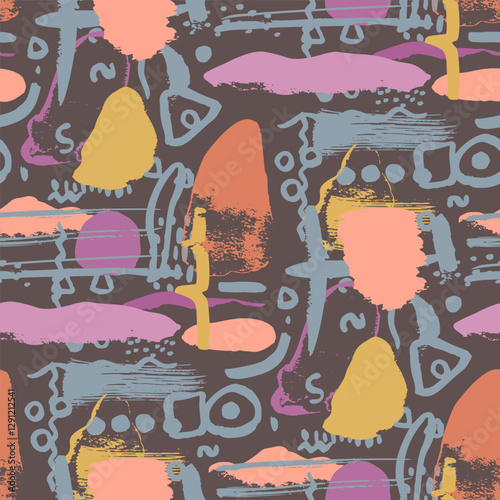 Abstract whimsical seamless pattern with hand drawn shapes on brown background. Minimalist neutral wallpaper