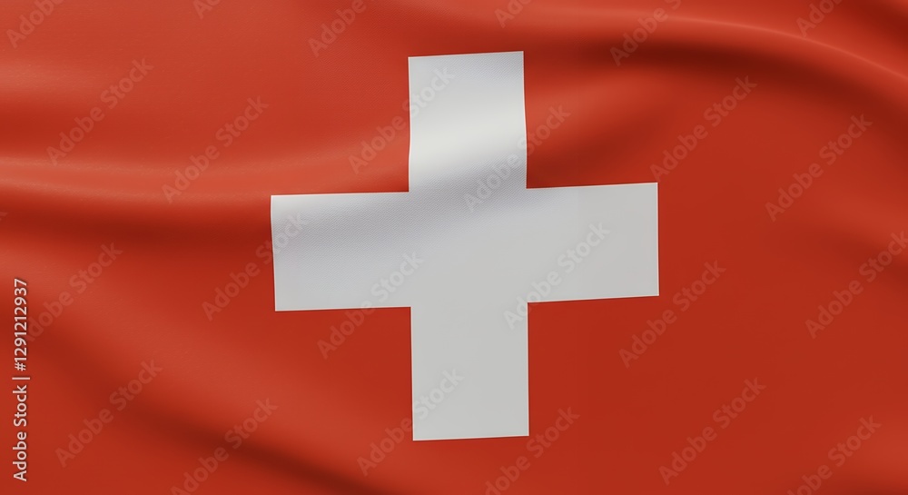 Waving flag of switzerland features a white swiss cross Waving flag of switzerland features a white swiss cross