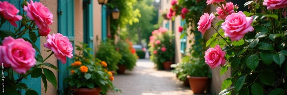 Pink rose bushes create a serene ambiance in the alleyway, peaceful, roses Pink rose bushes create a serene ambiance in the alleyway, peaceful, roses