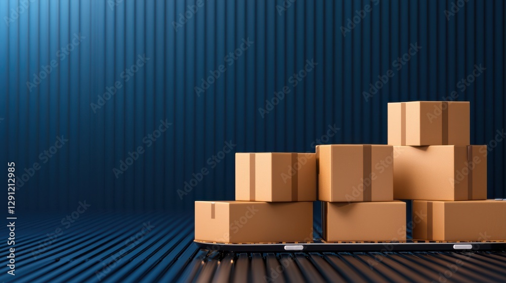 Stacked Cardboard Boxes on a Warehouse Pallet with Blue Background Stacked Cardboard Boxes on a Warehouse Pallet with Blue Background