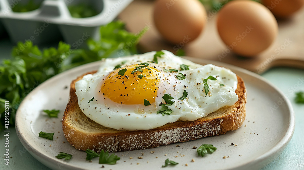 A slice of toast topped with a perfectly poached egg