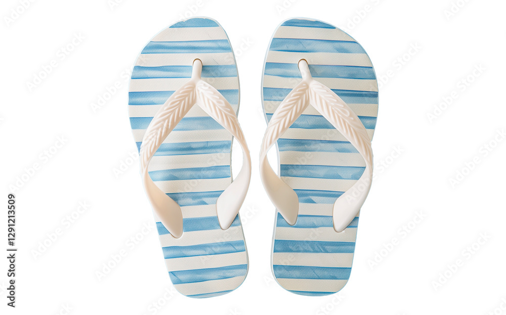 A pair of blue and white striped flip-flop sandals with white straps adorned with embossed leaves. They are placed side by side, highlighting the design and details of the straps.