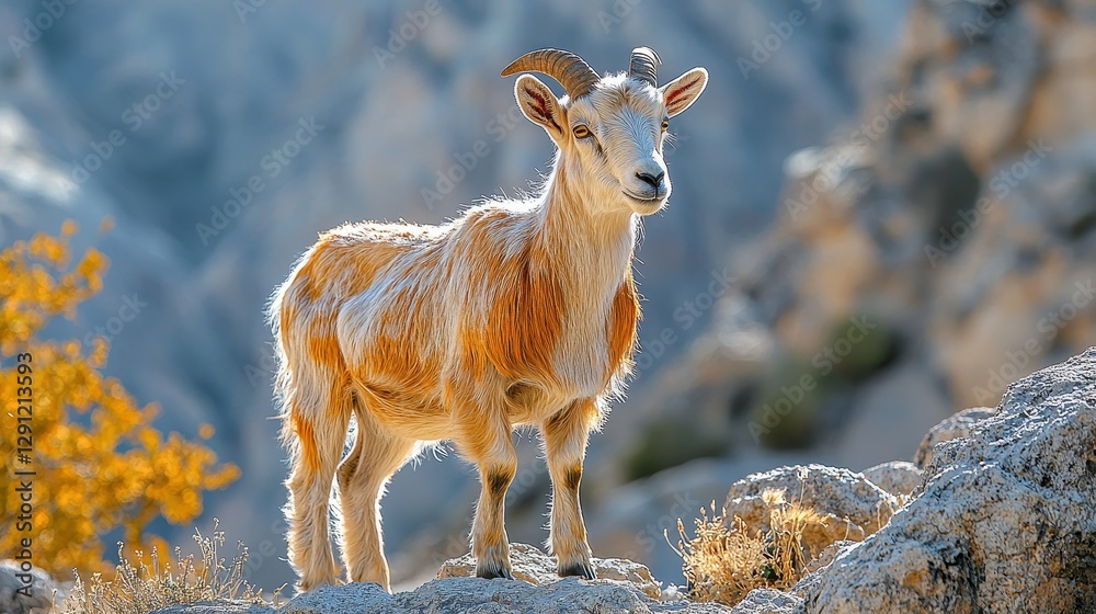 Obraz premium A majestic mountain goat standing proudly on rocky terrain with golden autumn foliage in the background