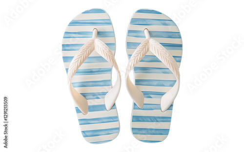 A pair of blue and white striped flip-flop sandals with white straps adorned with embossed leaves. They are placed side by side, highlighting the design and details of the straps.