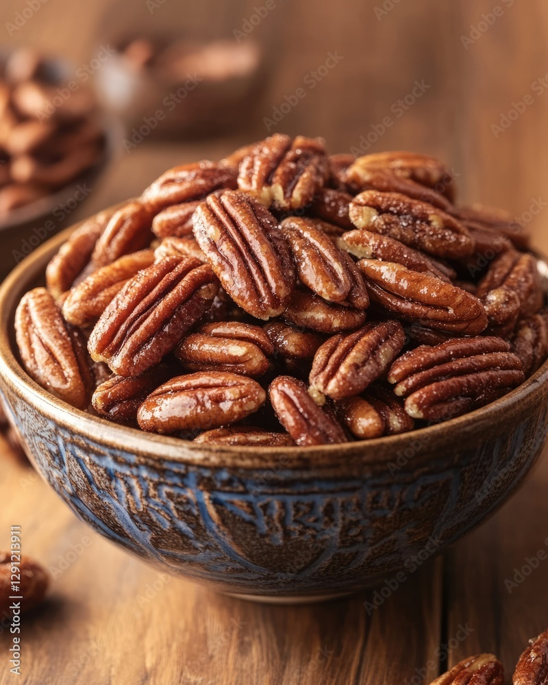 Sweetened Almonds and Pecans in a Decorative Bowl: A Delicious Nut Snack Sweetened Almonds and Pecans in a Decorative Bowl: A Delicious Nut Snack