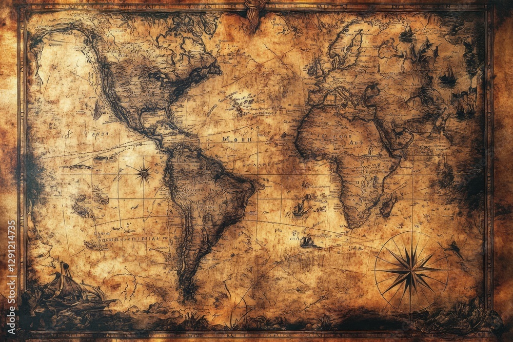 Naklejka premium Vintage Caribbean Map: A Unique Journey Through Middle Earth, Capturing Ancient Resorts Across Asia, Africa, America, and Australia
