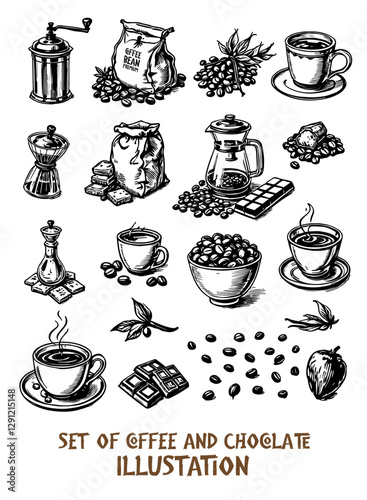 Coffee set coffee grinder, coffee maker, cup and grains. Vector graphic black and white hand-drawn illustration. For printing, menus, postcards and packages. For banners, flyers and posters.