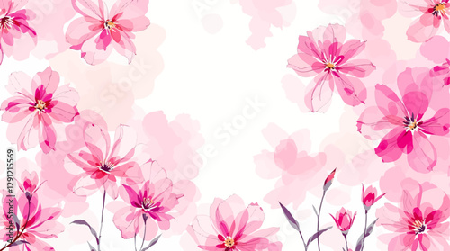Pink watercolor flowers seamless pattern transparent background
