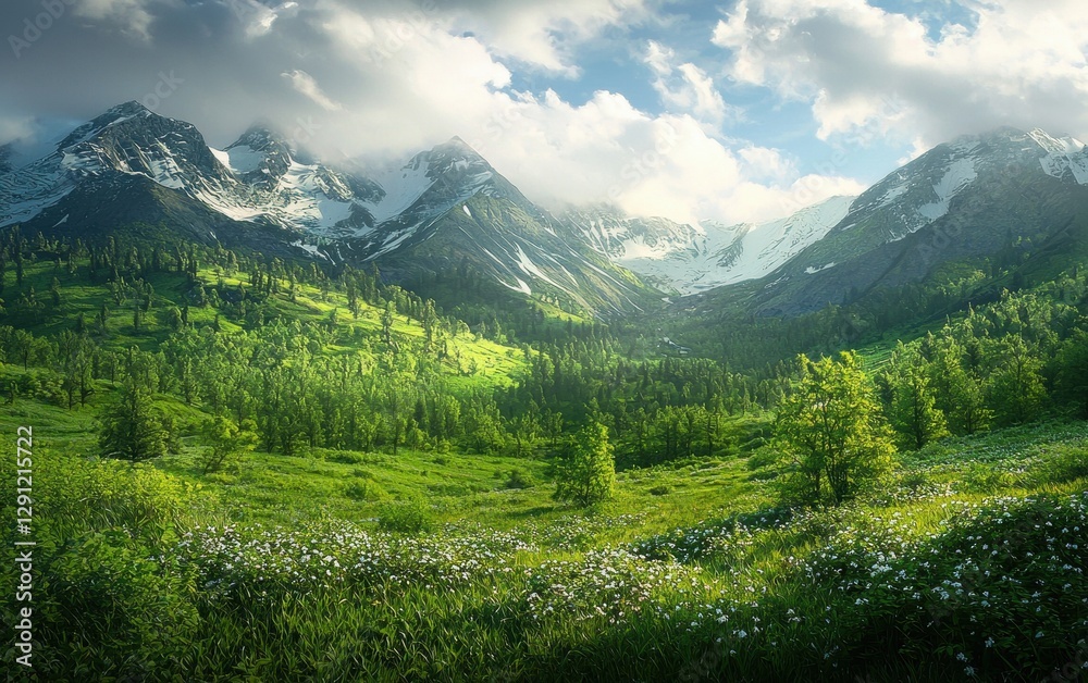 Fototapeta premium Serene mountain valley covered in lush spring greenery