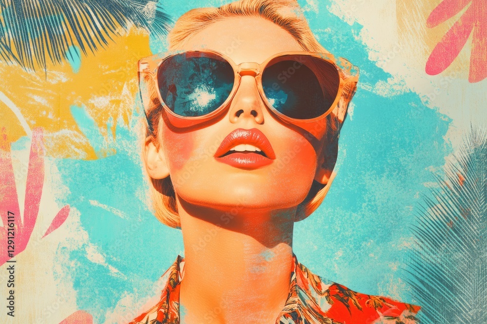 Naklejka premium Retro Travel Vibes: 60s Fashion Blonde Woman in Trendy Sunglasses - A Vintage Summer Collage